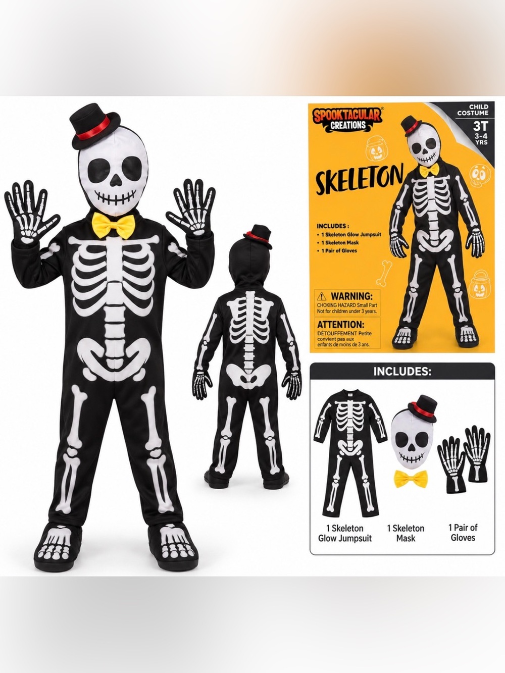 Spooktacular Creations Skeleton Halloween Costume Kids 3T 3-4 Years Glow Jumpsui